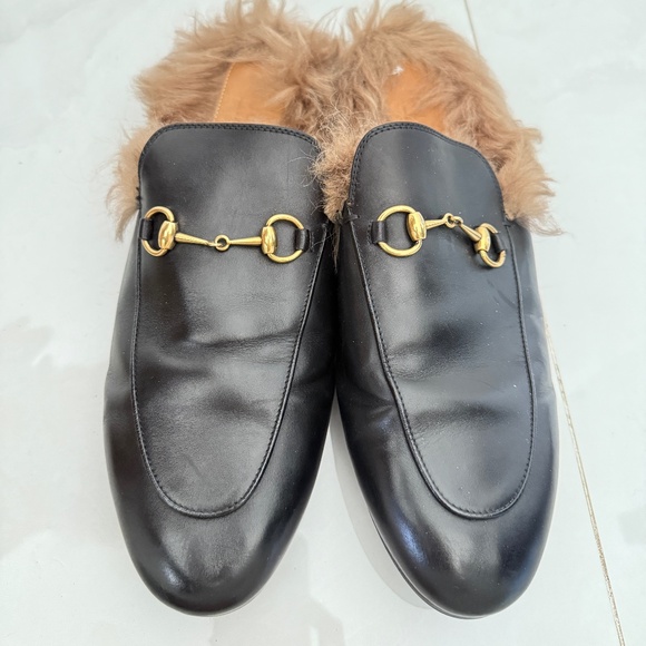 Gucci Princetown Black Leather Fur Lined Slides Shoes Mules - Picture 3 of 6